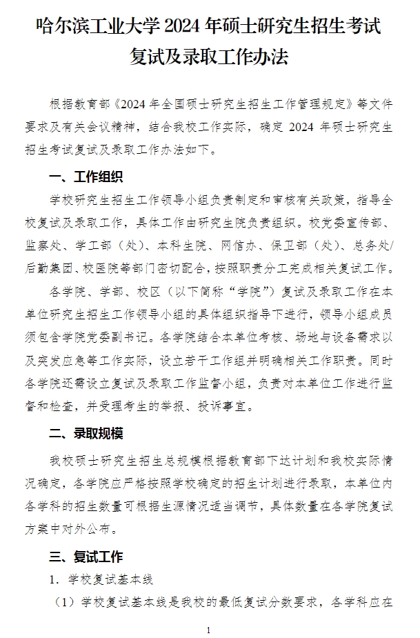 哈尔滨工业大学2024年考研复试录取办法
