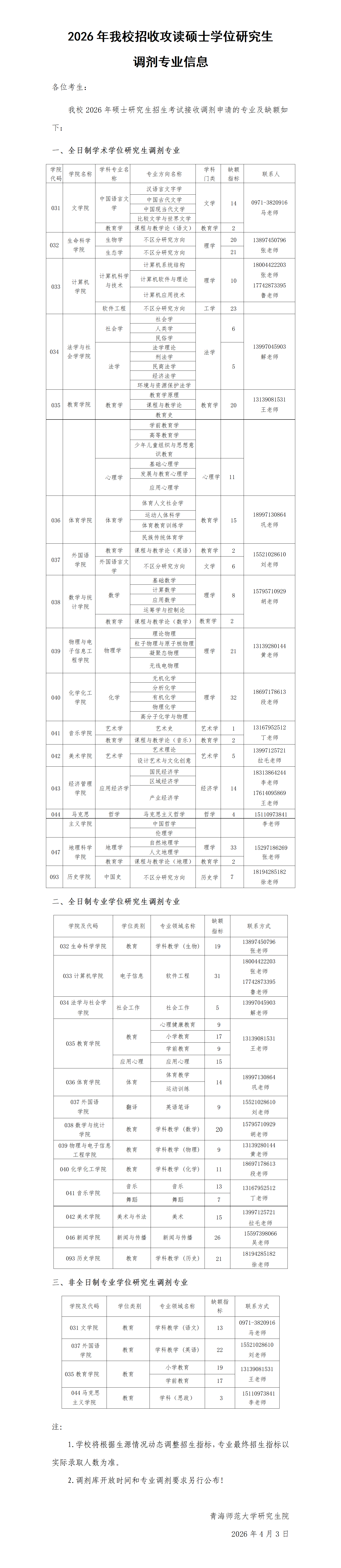 关于青海师范大学2026年硕士研究生招生调剂工作的通知